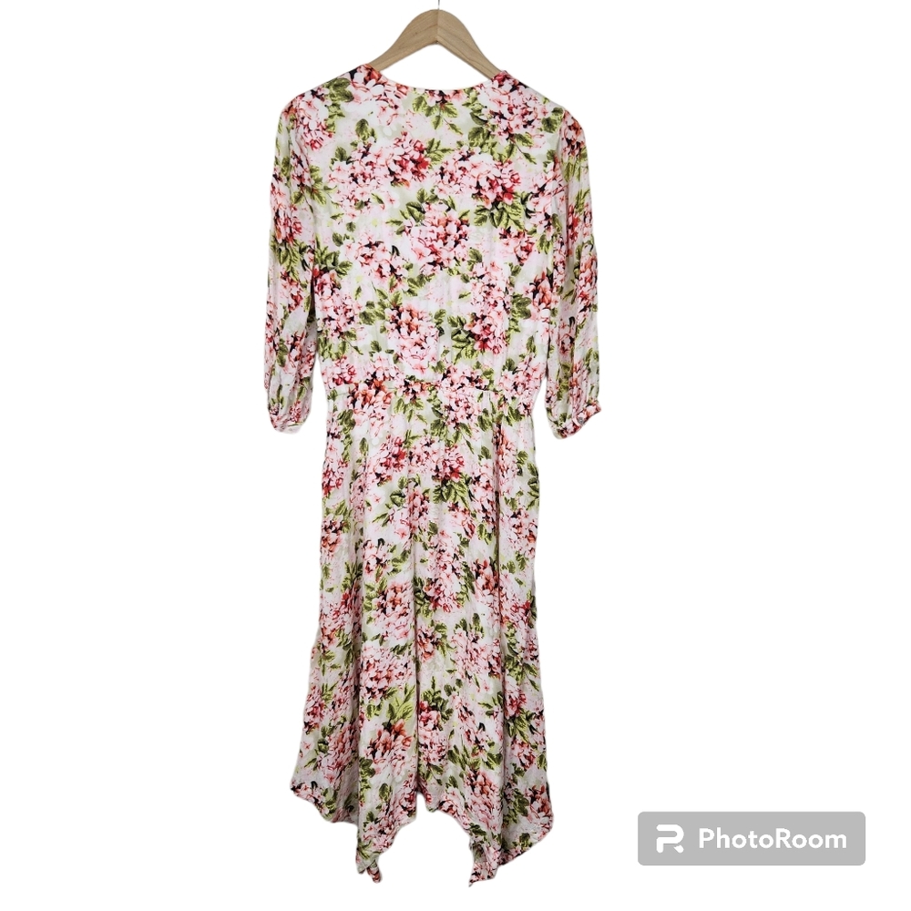 J. Jill White Pink Pebble Hydrangea Elastic Waist Asymmetrical Hem Dress Sz S - Picture 9 of 9